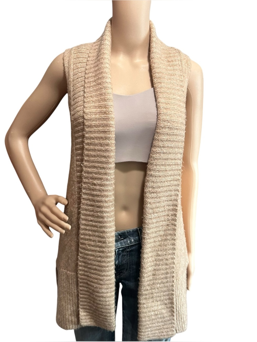 Ann Taylor Beige Sleeveless Knit Cardigan Vest Sz XS